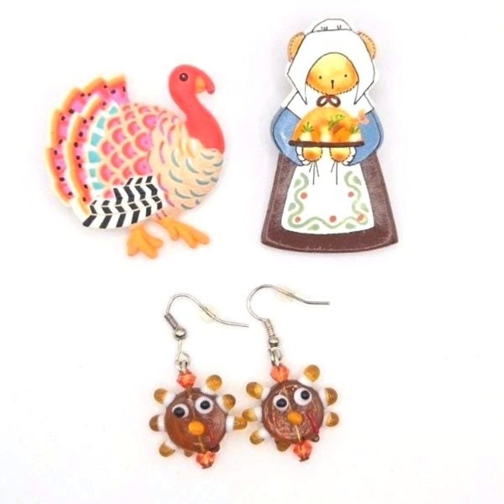 Thanksgiving Turkey Pilgrim Bear Pins Brooch Earrings Set Festive Autumn Jewelry